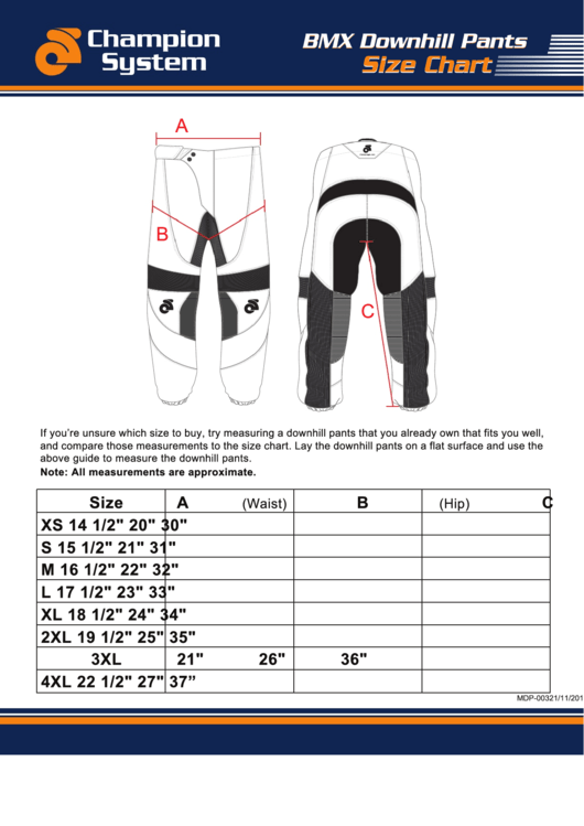 Champion System Bmx Downhill Pants Size Chart Printable pdf