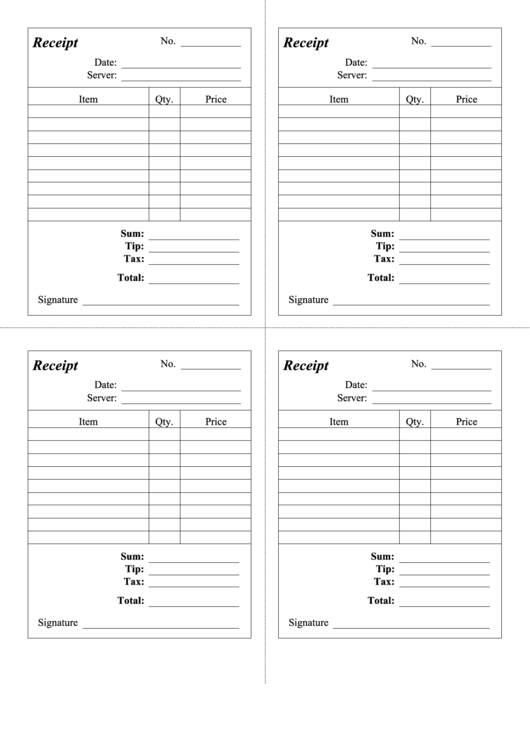 Restaurant Cash Receipt Template With Tips Printable pdf