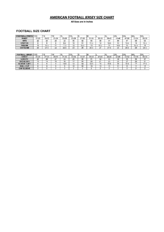 American Football Jersey Size Chart Printable pdf