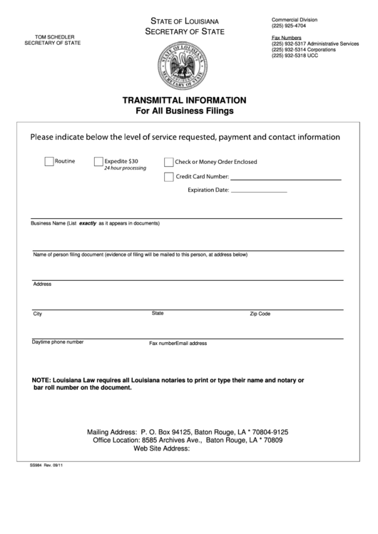 Form Ss 984 - Transmittal Information For All Business Filings, Form Ss1l3 - Articles Of Organization, Form Ss973 - Limited Liability Company Initial Report Printable pdf