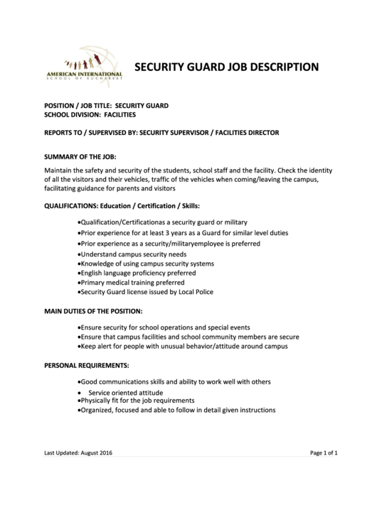 Security Guard Job Description Printable pdf