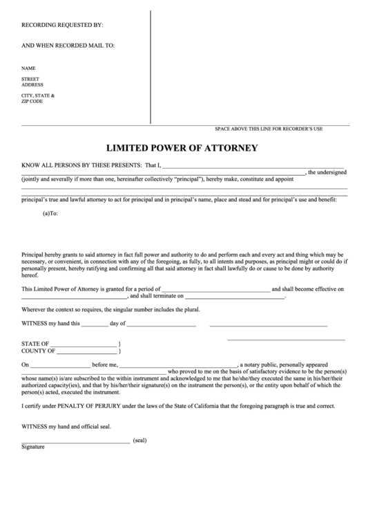 Fillable Limited Power Of Attorney Printable pdf