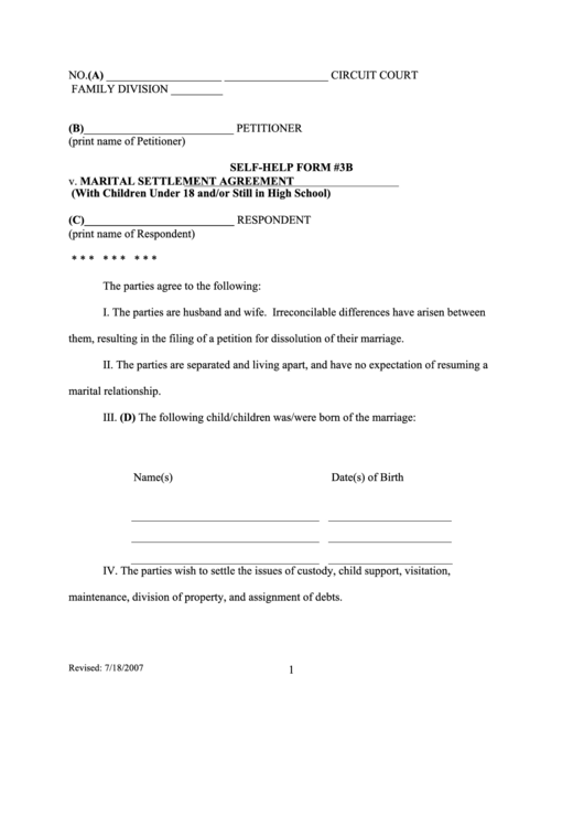 Fillable Marital Settlement Agreement Printable pdf