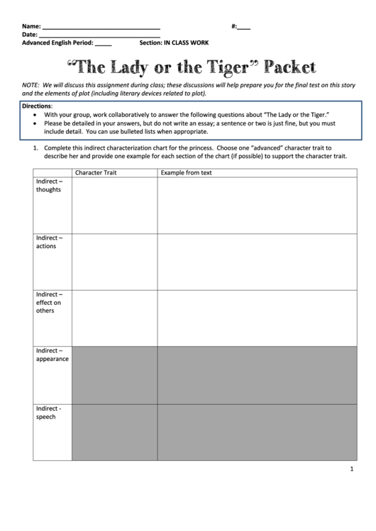 The Lady Or The Tiger Reading Comprehension Worksheet Printable pdf