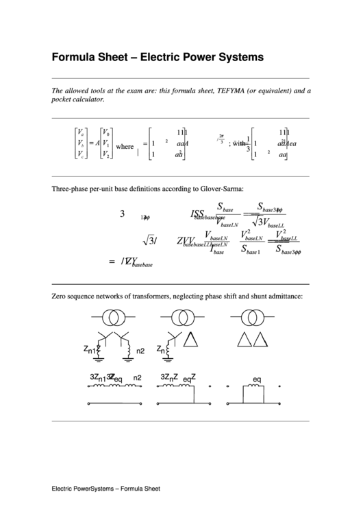 Electric Power Systems - Formula Sheet Printable pdf