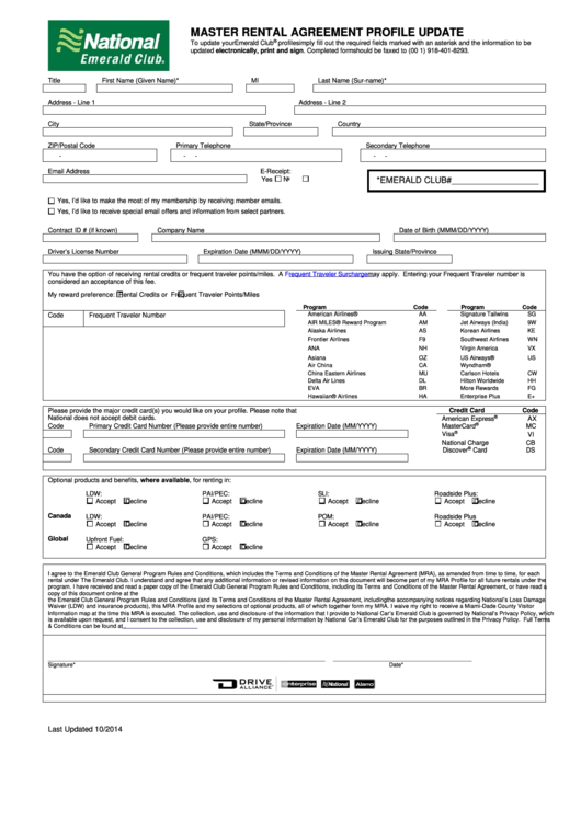 Master Rental Agreement Profile Update Form - National Emerald Club Printable pdf