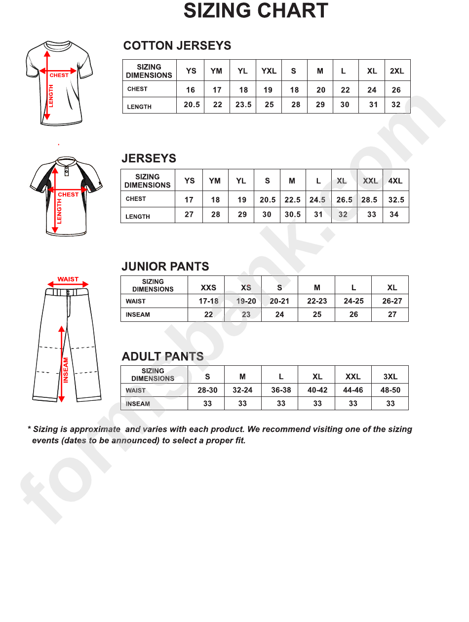Orillia Legion Minor Baseball Clothing Size Chart