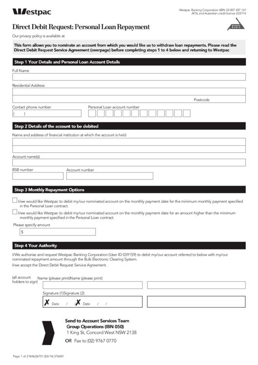 Fillable Direct Debit Request: Personal Loan Repayment Printable pdf