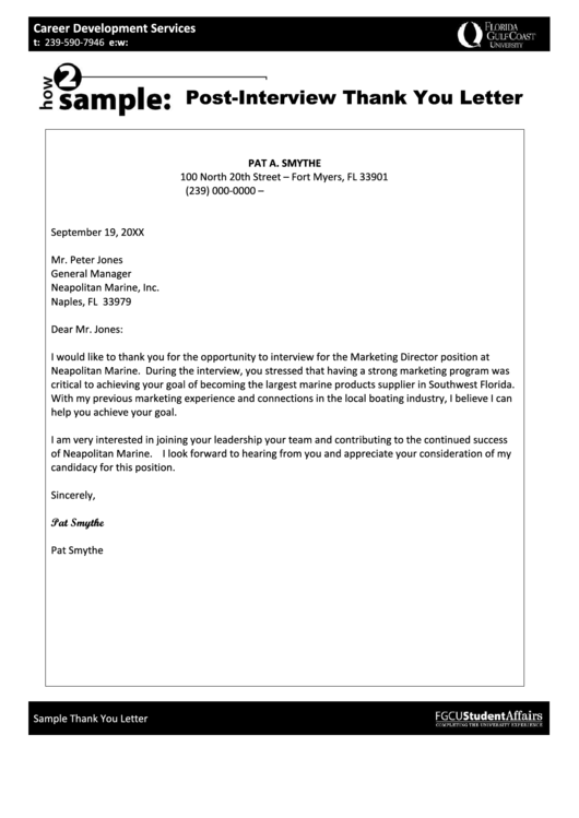 Fgcu Post-Interview Thank You Letter Printable pdf