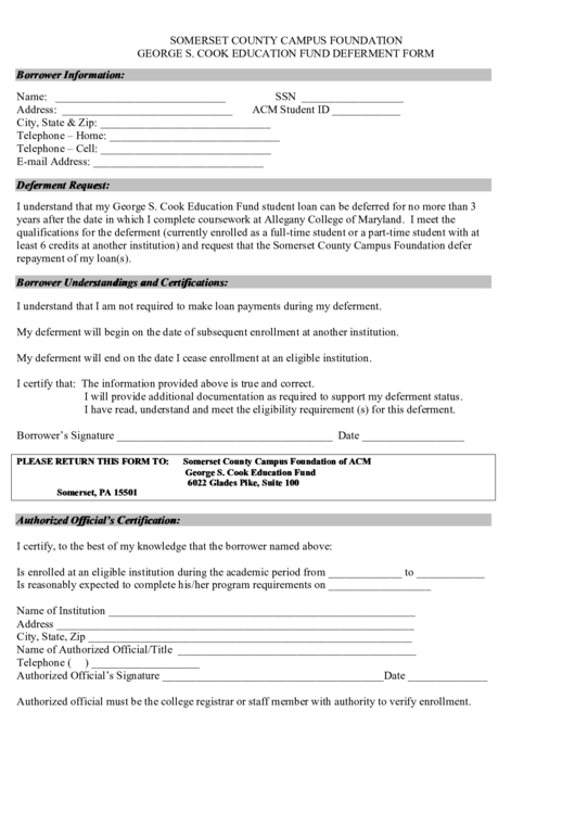 Somerset County Campus Foundation George S. Cook Education Fund Deferment Form Printable pdf