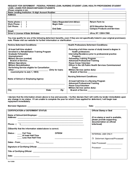 Request For Deferment Form - Federal Perkins Loan, Nursing Student Loan, Health Professions Student Loan, Loans For Disadvantaged Students Printable pdf