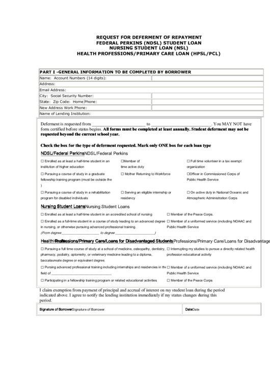 Request Form For Deferment Of Repayment - Federal Perkins Student Loan Printable pdf