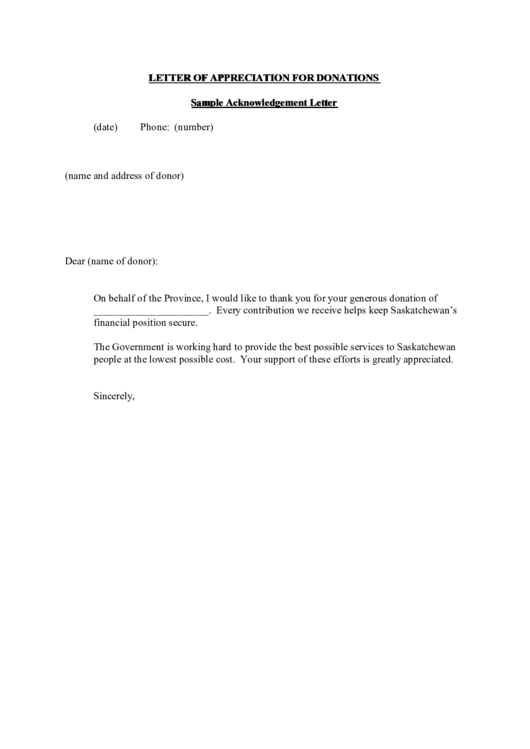 Letter Of Appreciation For Donations Sample Acknowledgement Letter