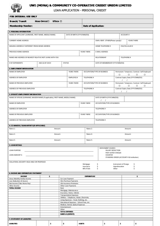 Uwi (Mona) & Community Co-Operative Credit Union Limited Loan Application - Personal Credit Printable pdf