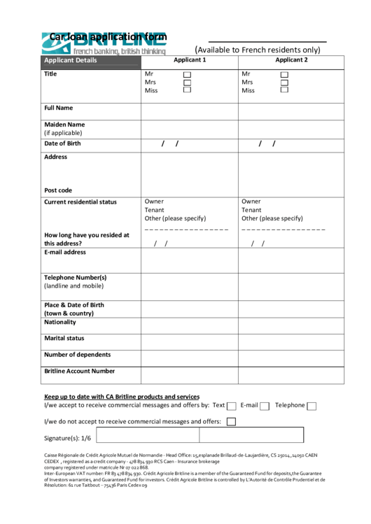 Car Loan Application Form Printable pdf