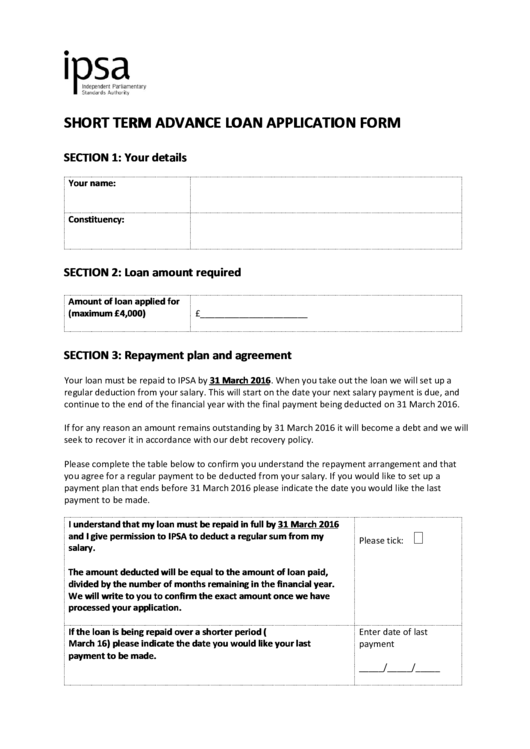 Short Term Advance Loan Application Form Printable pdf