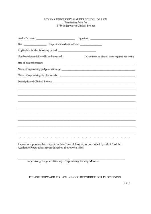 Indiana University Maurer School Of Law Permission Form For B710 Independent Clinical Project