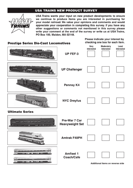 Usa Trains New Product Survey Printable pdf