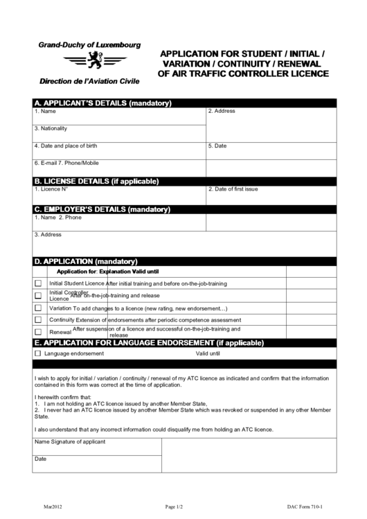 Dac Form 710-1 - Application For Student/initial/variation/continuity/renewal Of Air Traffic Controller Licence Printable pdf