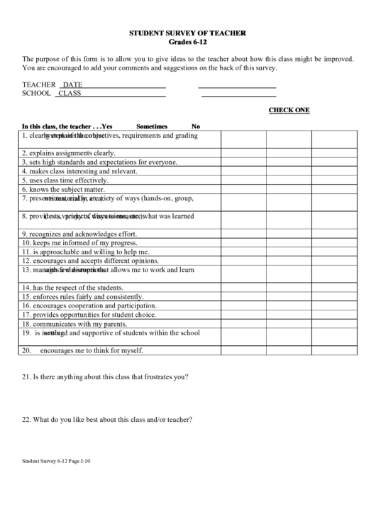 Student Survey Of Teacher Grades 6-12 Printable pdf