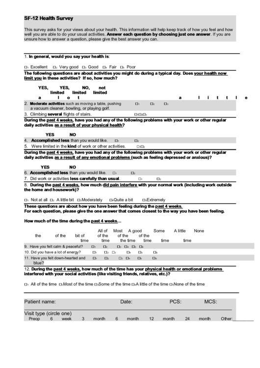 Form Sf-12 - Health Survey Template