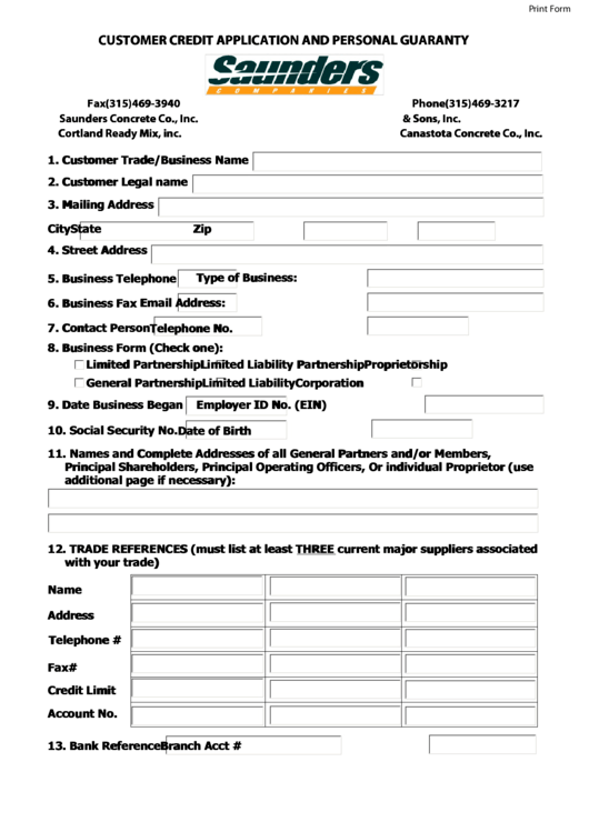 Fillable Customer Credit Application Form And Personal Guaranty Printable pdf