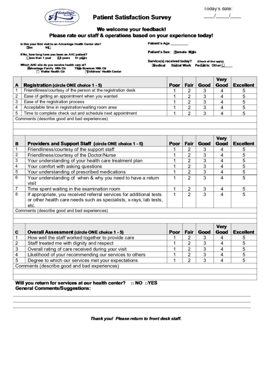 Fillable Advantage Health Center Patient Satisfaction Survey Printable pdf