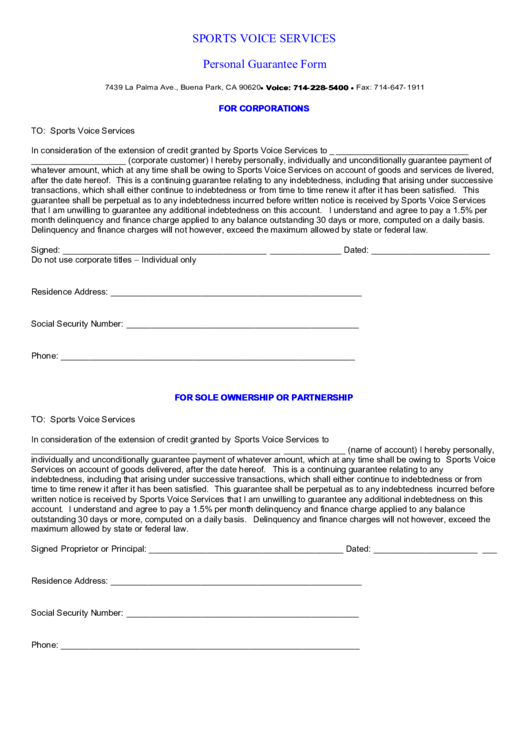 Sports Voice Services Personal Guarantee Form Printable pdf