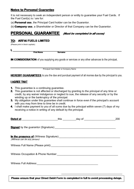 Notes To Personal Guarantee Printable pdf