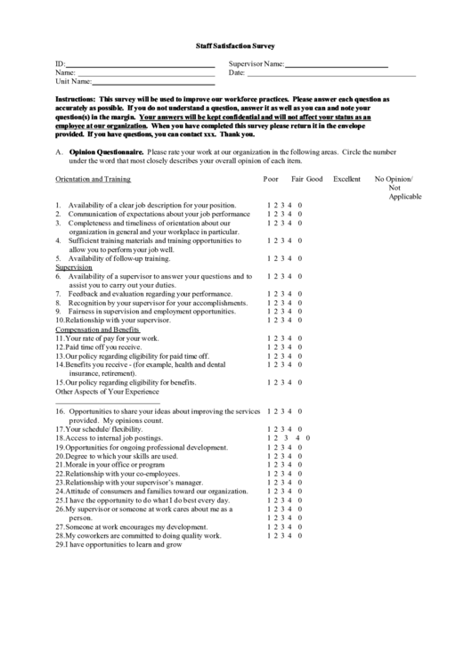 Staff Satisfaction Survey Printable pdf