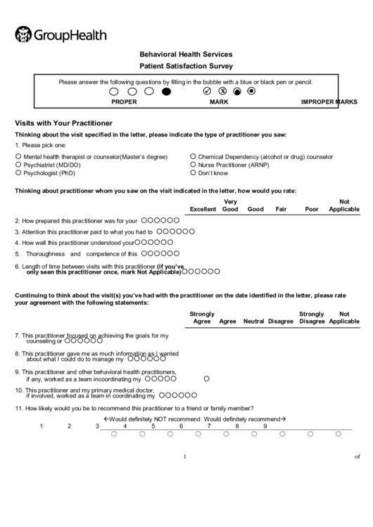Group Health Behavioral Health Services Patient Satisfaction Survey Printable pdf
