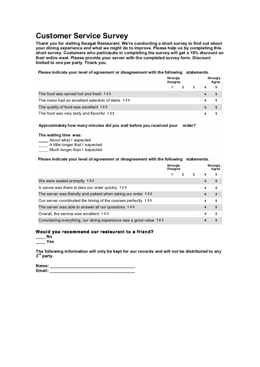 Customer Service Survey Printable pdf