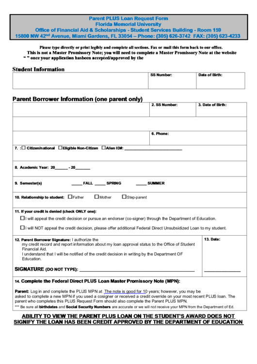 Parent Plus Loan Request Form Florida Memorial University Printable pdf