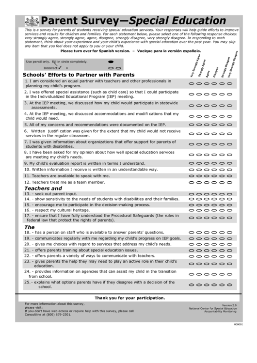 Parent Survey - Special Education Printable pdf