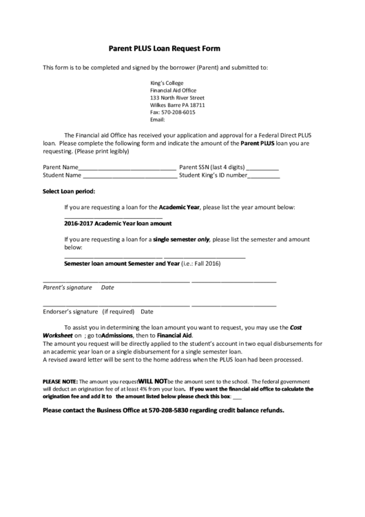 Parent Plus Loan Request Form Printable pdf
