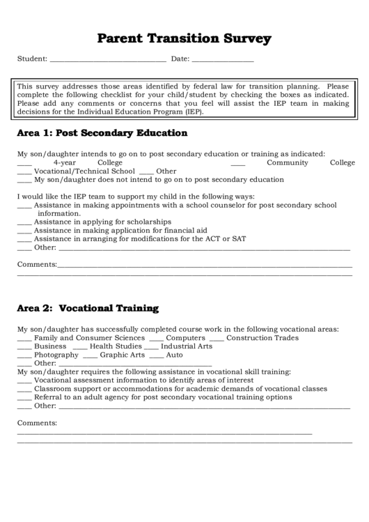 Parent Transition Survey Printable pdf