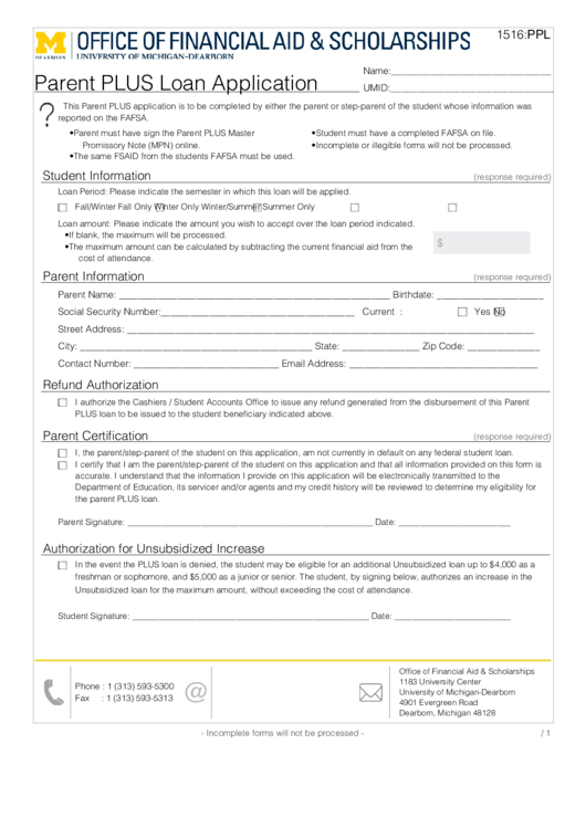 Parent Plus Loan Application Printable pdf