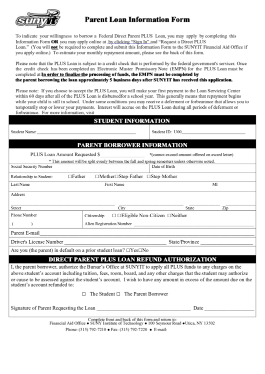 Parent Loan Information Form Printable pdf