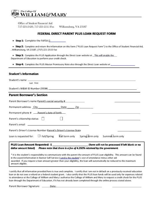 Federal Direct Parent Plus Loan Request Form Printable pdf