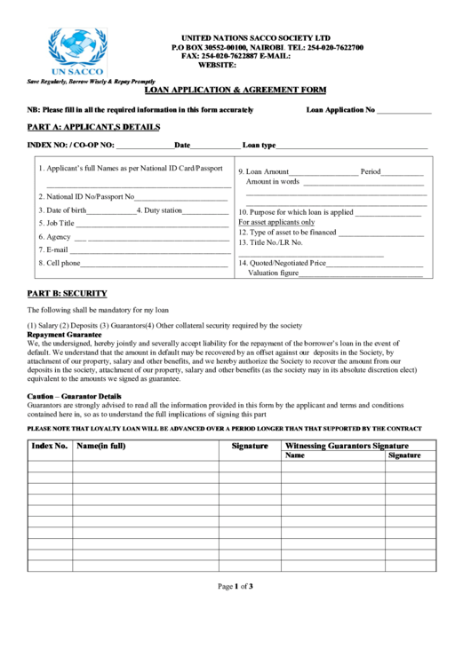 Loan Application & Agreement Form Printable pdf