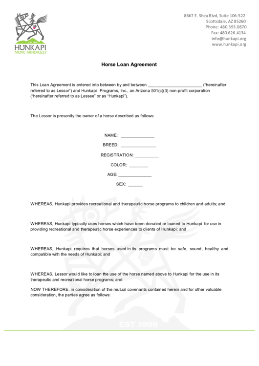 Fillable Horse Loan Agreement Printable pdf