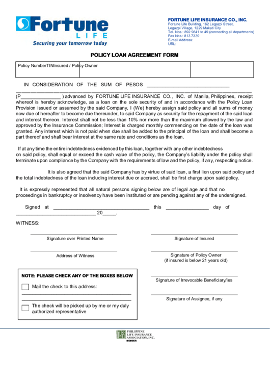 Policy Loan Agreement Form Printable pdf