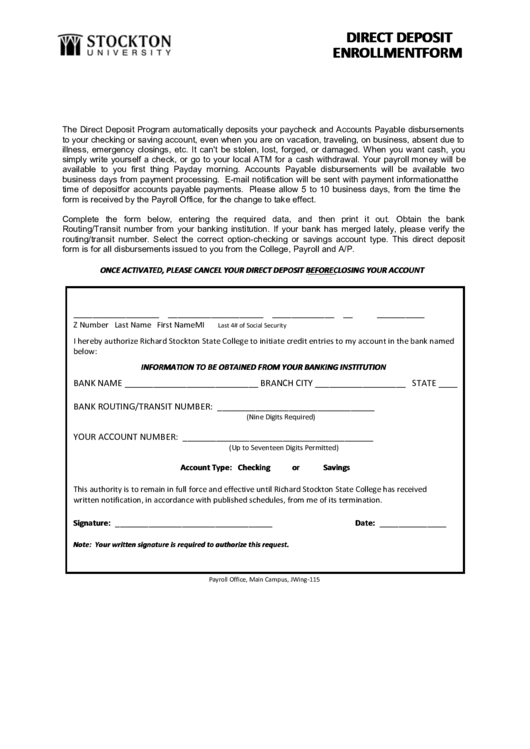 Direct Deposit Enrollment Form Printable pdf
