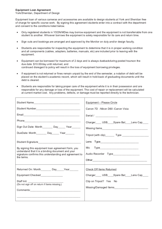 Equipment Loan Agreement Printable pdf