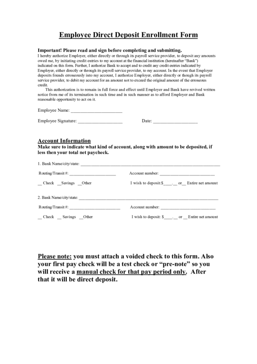 Employee Direct Deposit Enrollment Form Printable pdf