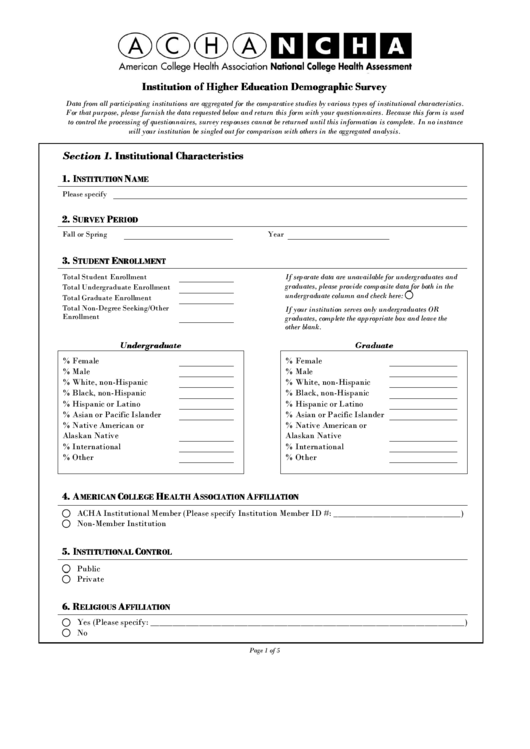 Acha Institution Of Higher Education Demographic Survey Form Printable pdf