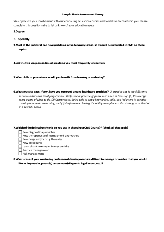 Sample Needs Assessment Survey Printable pdf