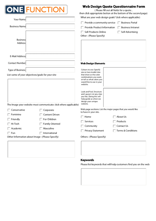 Fillable Web Design Quote Questionnaire Form Printable pdf
