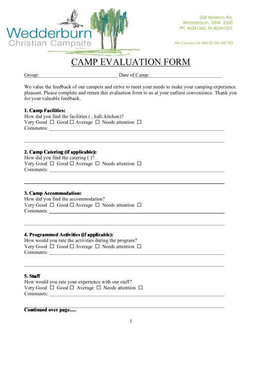 Wedderburn Camp Evaluation Form Printable pdf
