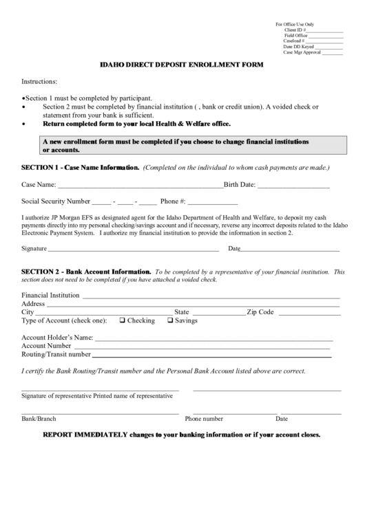 Idaho Direct Deposit Enrollment Form Printable pdf